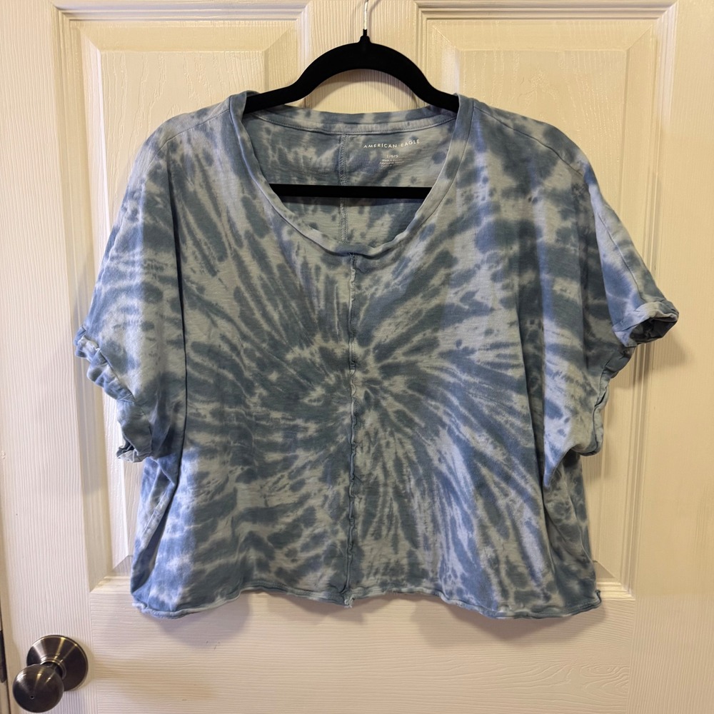 American Eagle Blue Tie Dye Crop Top Relaxed Boxy Short Sleeve Cotton Large
